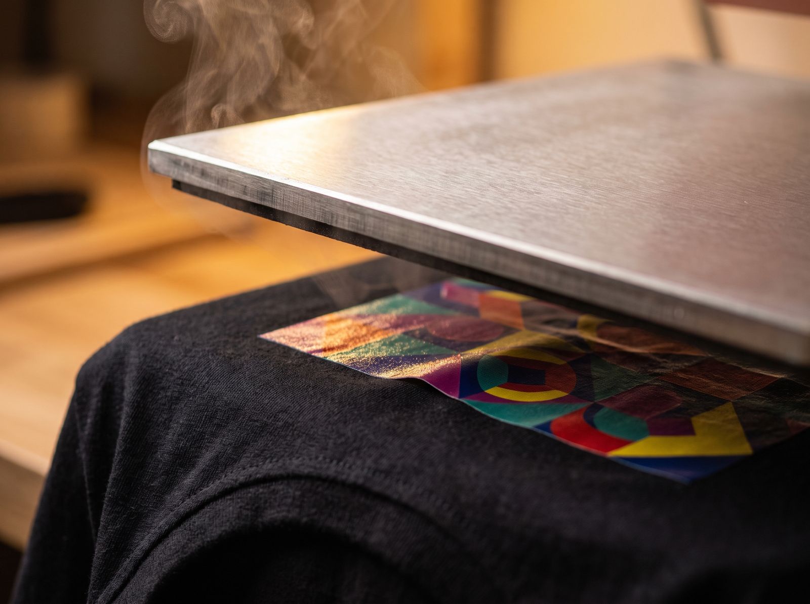 Heat press revealing a printed design on a black t-shirt