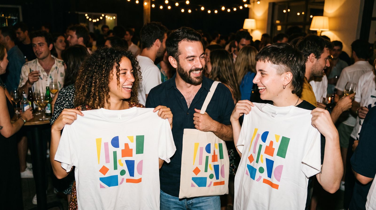 Guests holding freshly printed t-shirts at an event