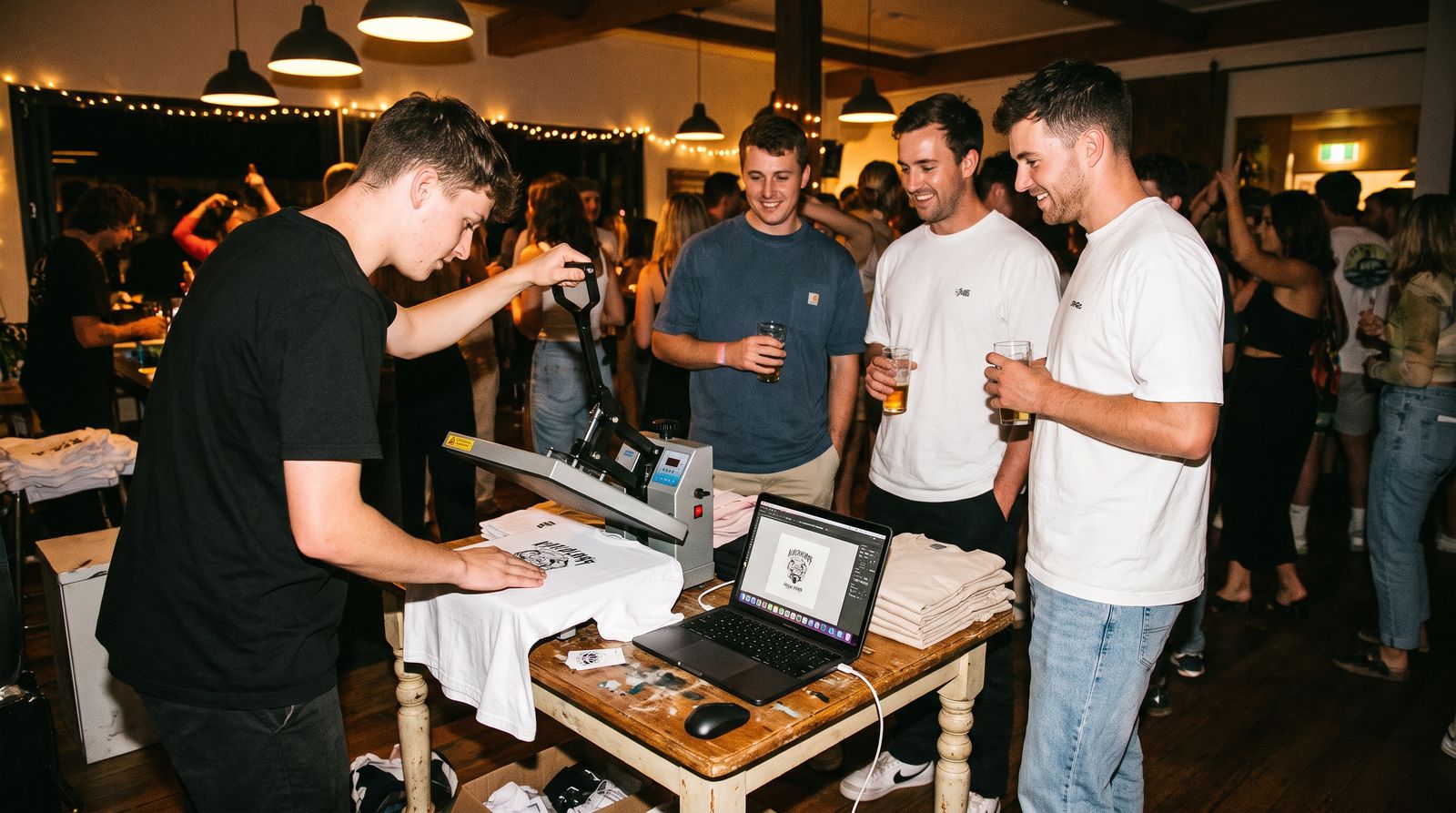 Live apparel printing station at an event