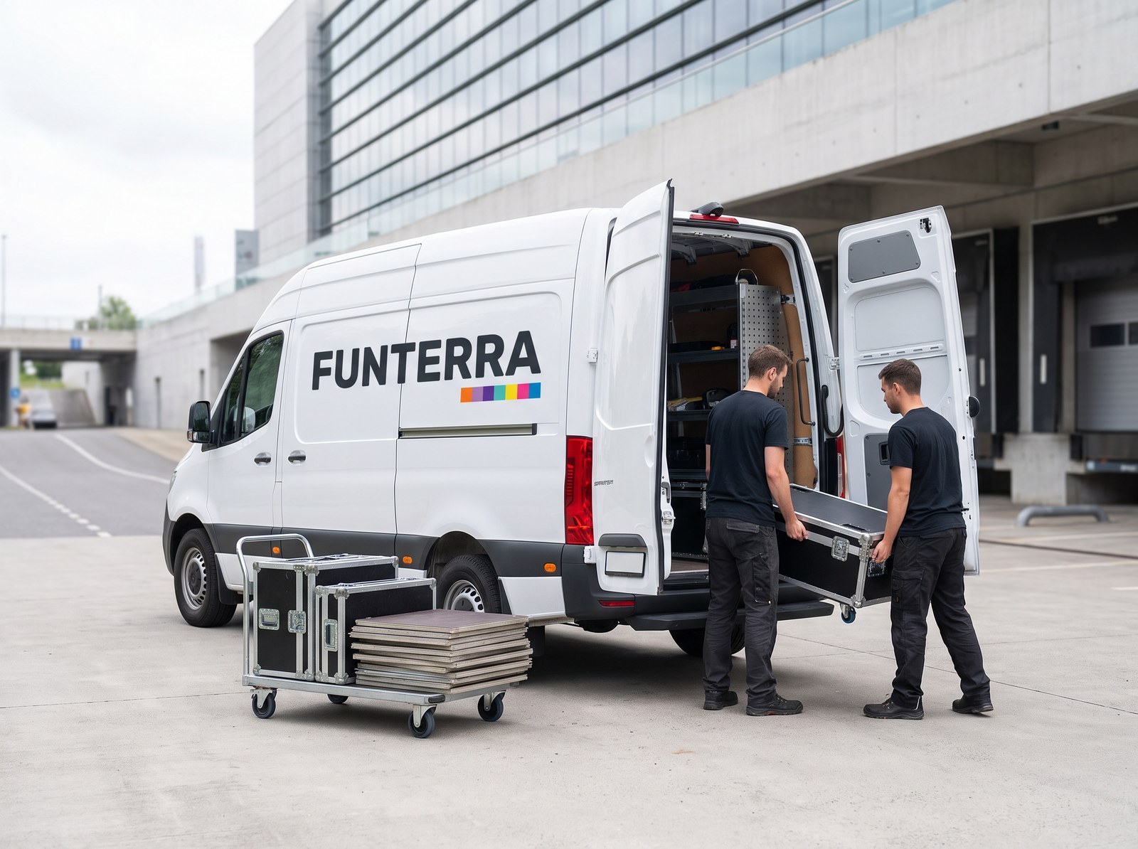 FUNTERRA van at an event venue, crew unloading the floor panels